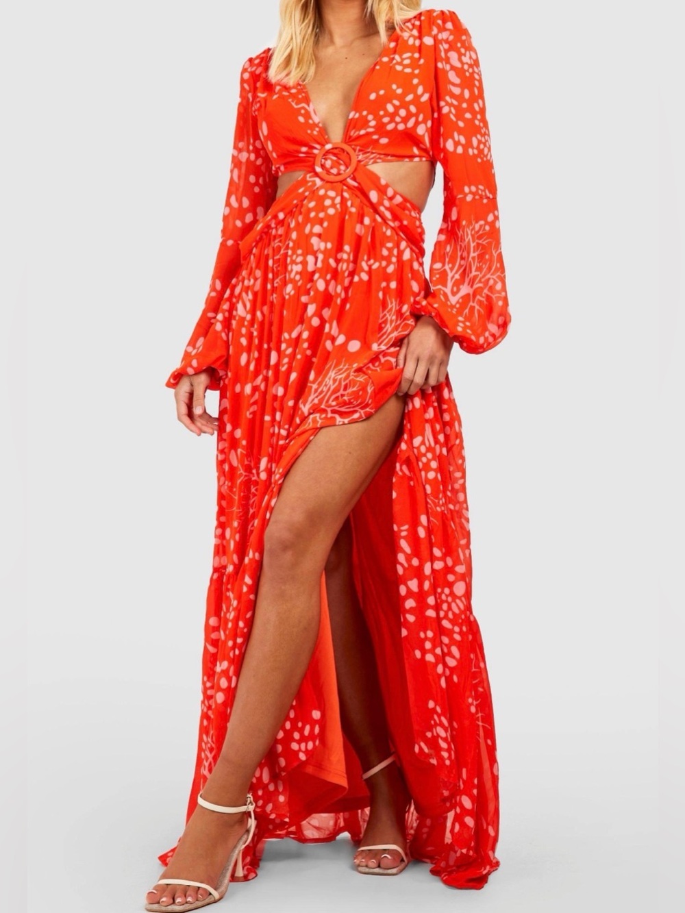 Boohoo Red Cutout Maxi Dress with White Print